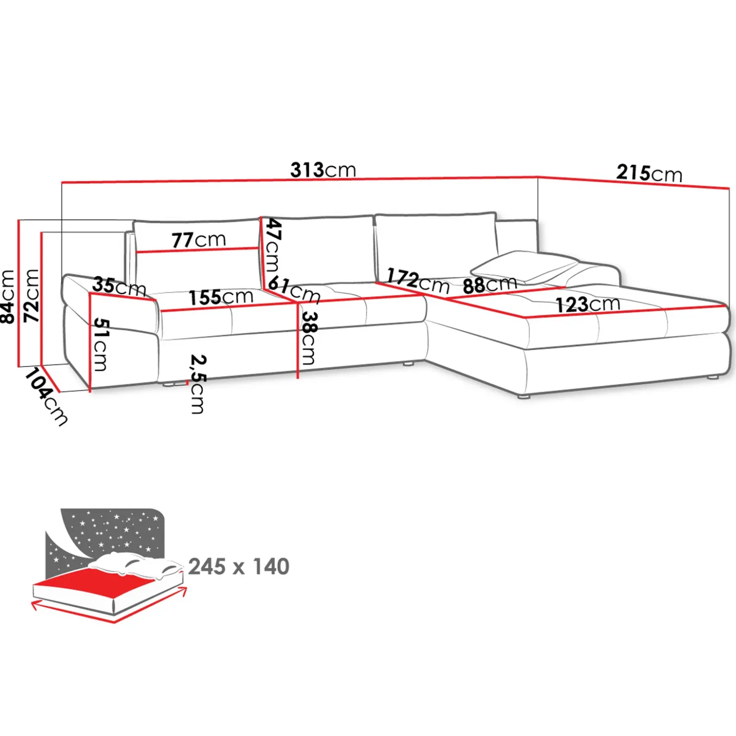 Garnero Arredamenti Divano letto angolare reversibile 313x215cm tessuto antracite Puffo Best