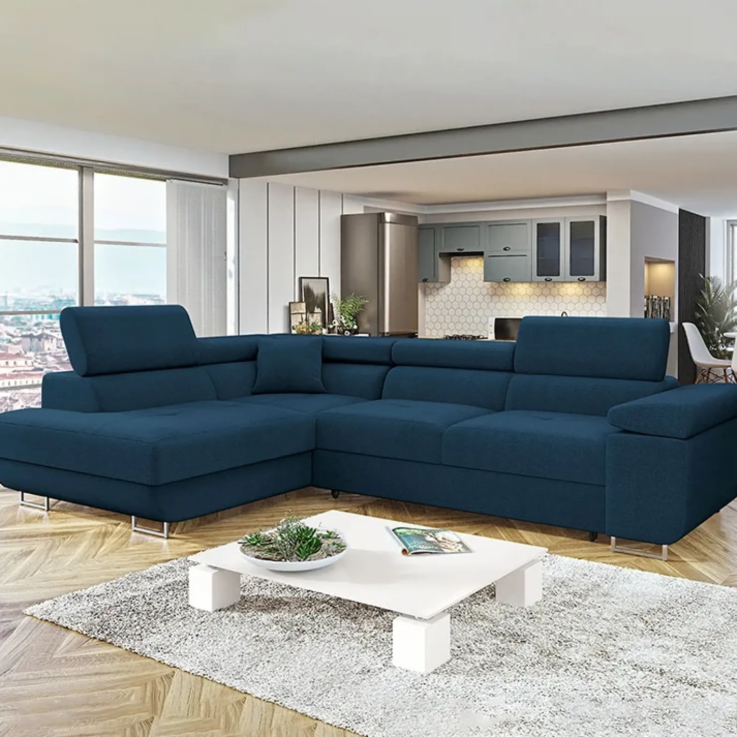 Garnero Arredamenti Divano letto angolare sinistra imbottito 274x203cm blu Bormio Tessuto Vellutato Manila Blu Hot