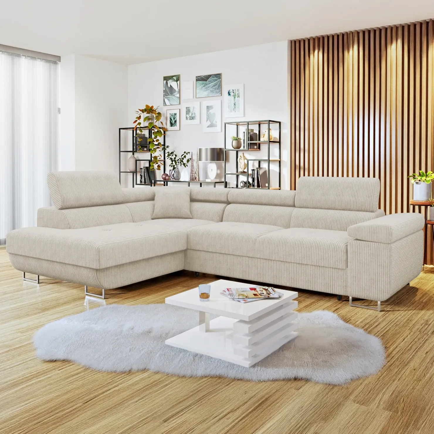 Garnero Arredamenti Divano letto angolare sinistra 4 posti 274x203cm imbottito a coste beige Bormio Velluto a Coste Poso Beige Online