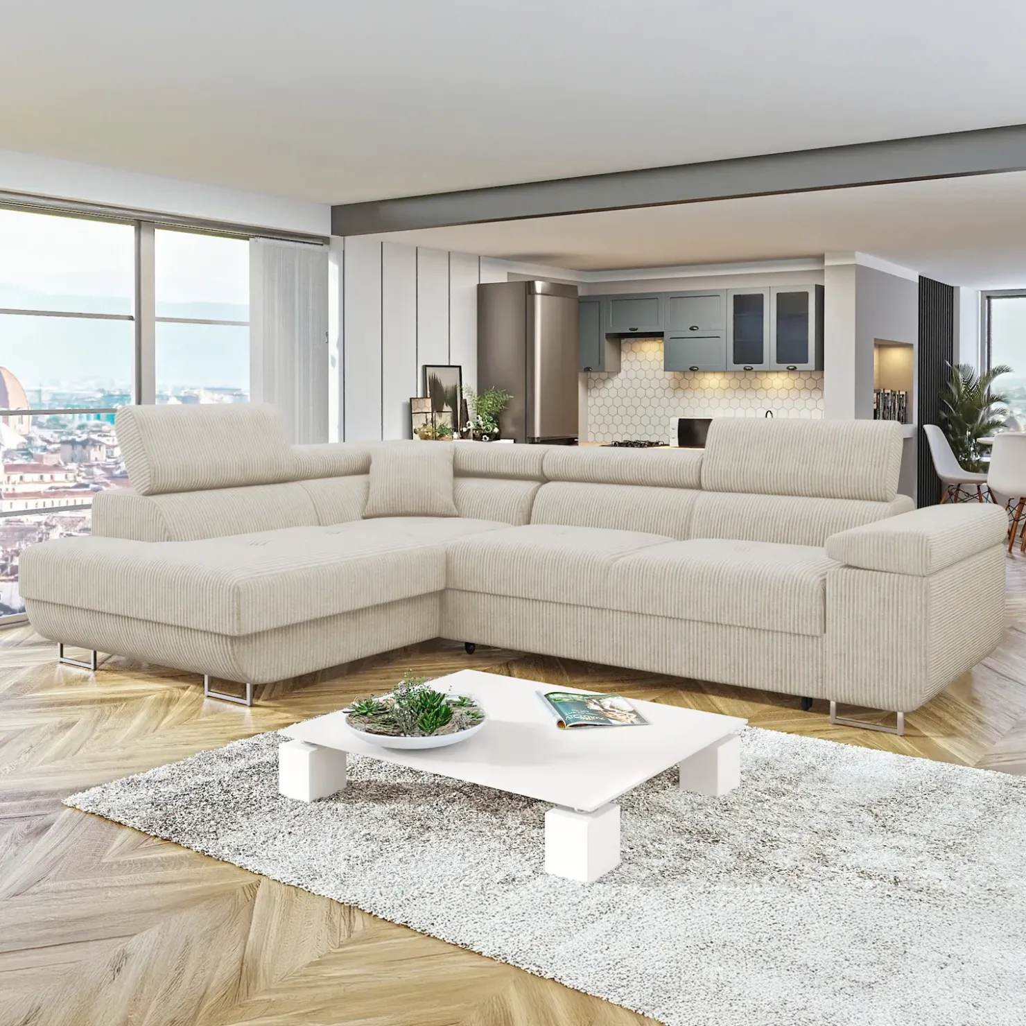 Garnero Arredamenti Divano letto angolare sinistra 4 posti 274x203cm imbottito a coste beige Bormio Velluto a Coste Poso Beige Online