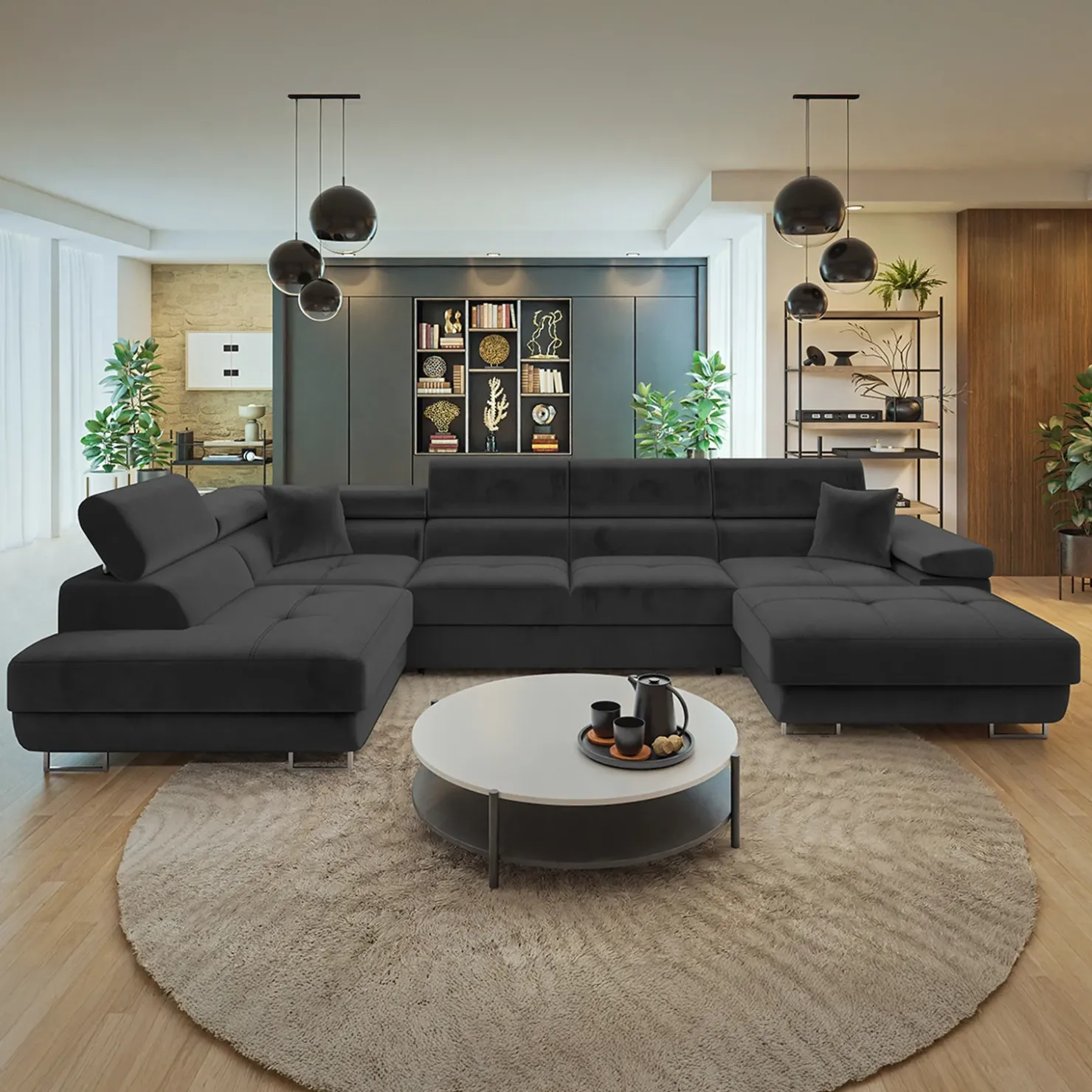 Garnero Arredamenti Divano letto angolare sinistra 5 posti 346x203cm con box contenitore vellutato nero Moirea Tessuto Vellutato Manila Nero