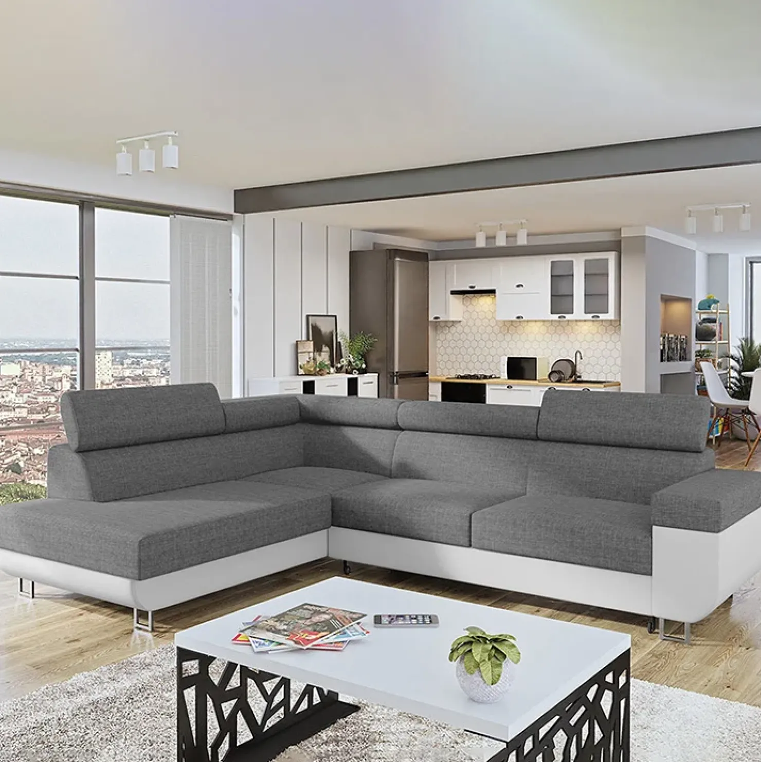 Garnero Arredamenti Divano letto angolare sinistra 3 posti 253x188cm grigio bianco Almese Tessuto Lux Ecopelle Grigio Bianco Sale