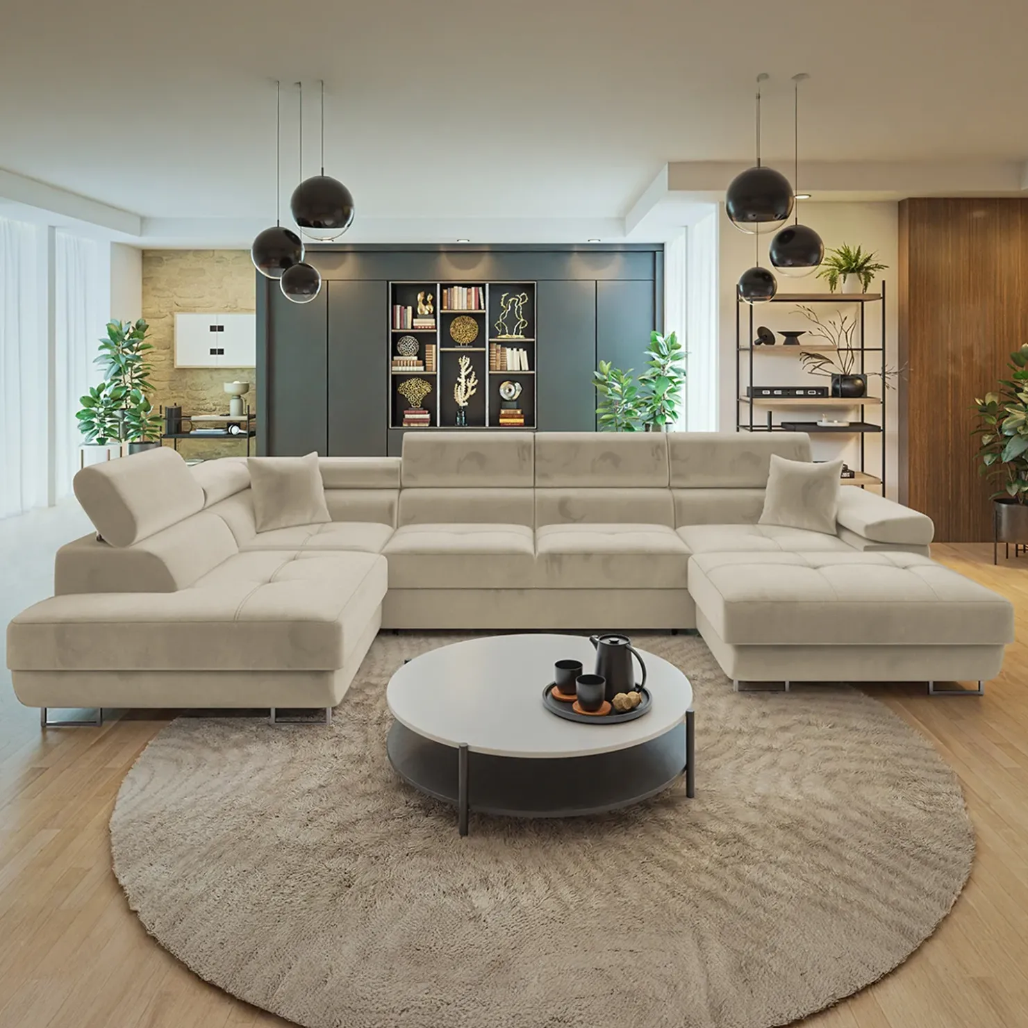 Garnero Arredamenti Divano letto angolare sinistra 5 posti 346x203cm con box contenitore beige Moirea Tessuto Vellutato Manila Beige Outlet