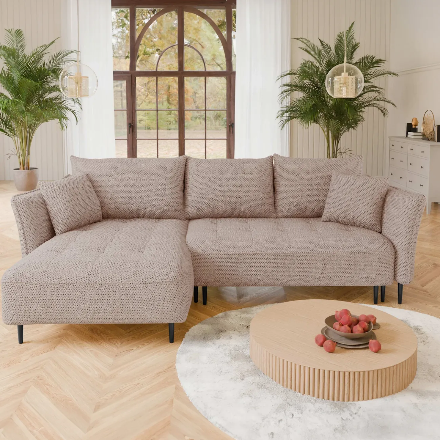 Garnero Arredamenti Divano letto angolare sinistro 3 posti 276x158cm tessuto rosa Angle Tessuto Peluche Onega Rosa New