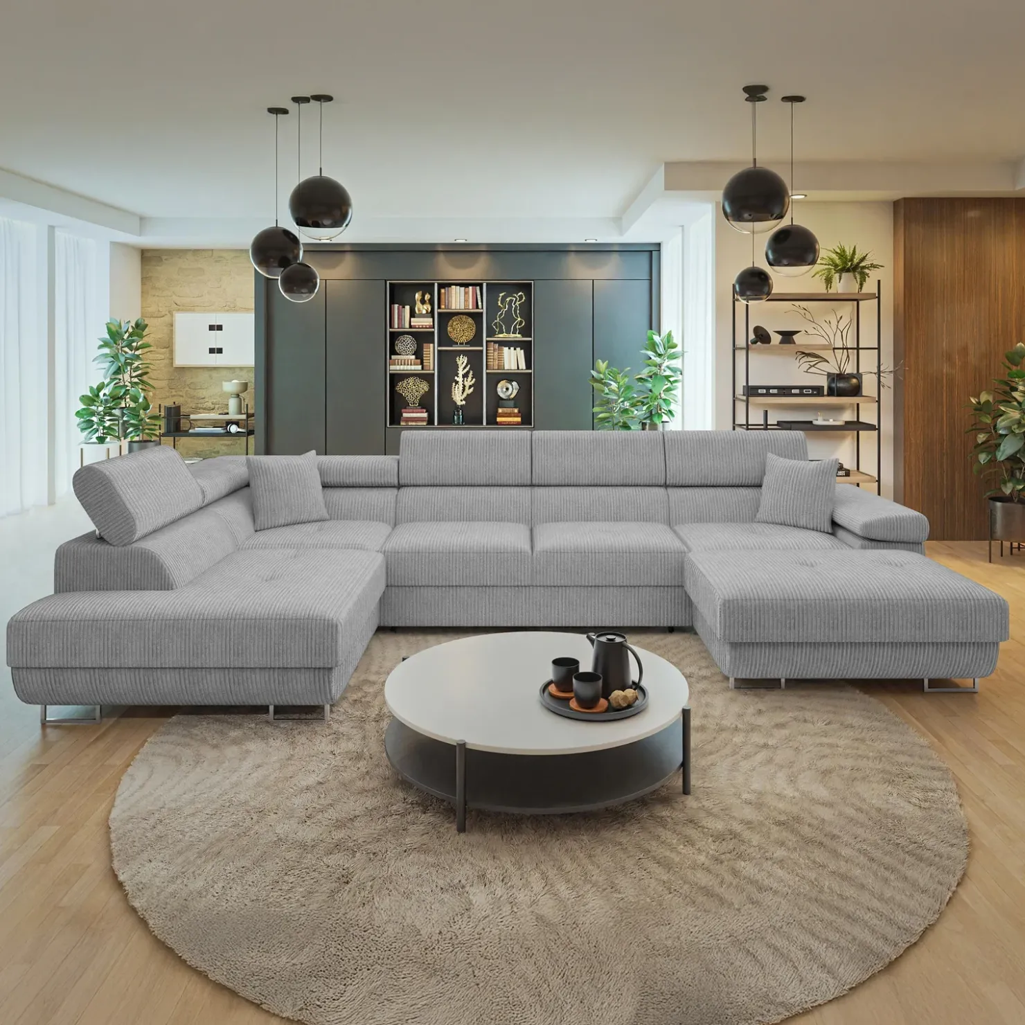 Garnero Arredamenti Divano letto angolare sinistra 5 posti 346x203cm con box contenitore a coste grigio Moirea Velluto a Coste Poso Grigio Hot