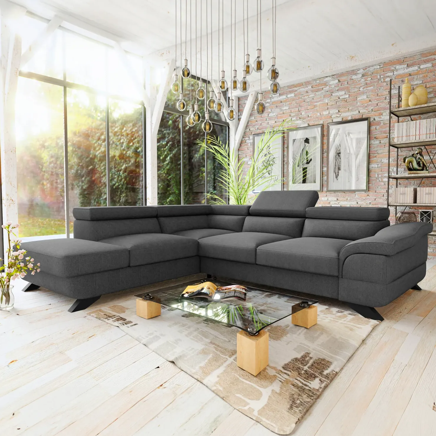 Garnero Arredamenti Divano letto angolare sinistro 5 posti 272x219cm tessuto antracite Lumma Hot