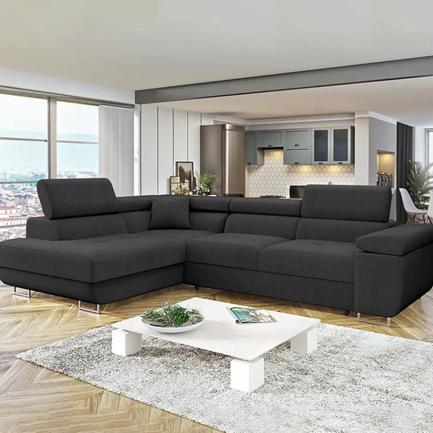 Garnero Arredamenti Divano letto angolare sinistra imbottito 274x203cm nero Bormio Tessuto Vellutato Manila Nero Discount