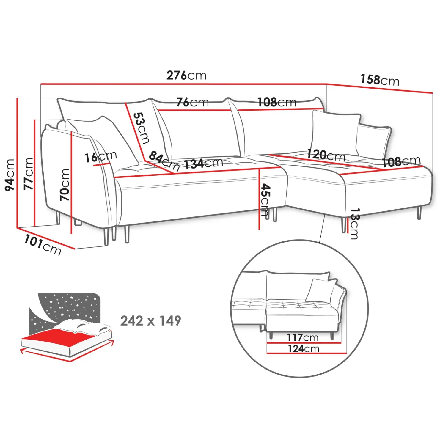 Garnero Arredamenti Divano letto angolare sinistro 3 posti 276x158cm tessuto tortora Angle Tessuto Peluche Onega Tortora Sale