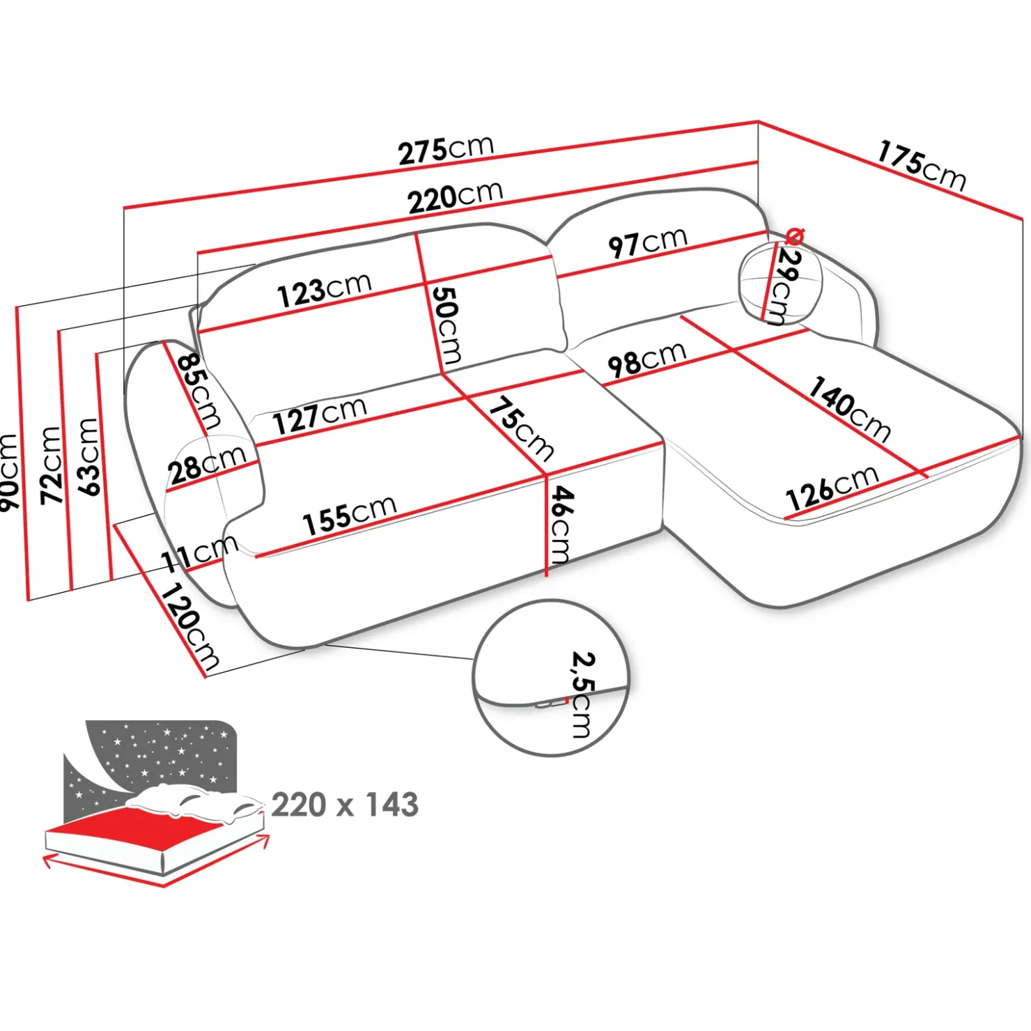 Garnero Arredamenti Divano letto con angolo a destra 4 posti 275x175cm con contenitore imbottito beige Aurum New