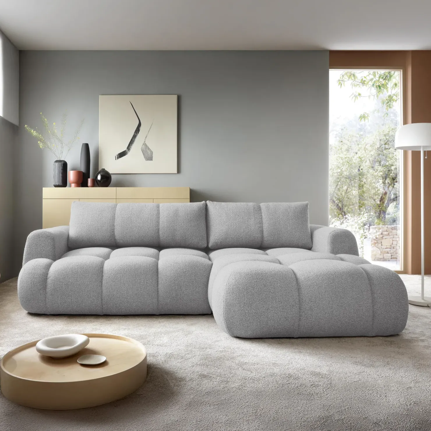 Garnero Arredamenti Divano letto con angolo a destra 4 posti 270x173cm con contenitore Litos Tessuto Bouclé Grigio chiaro Hot