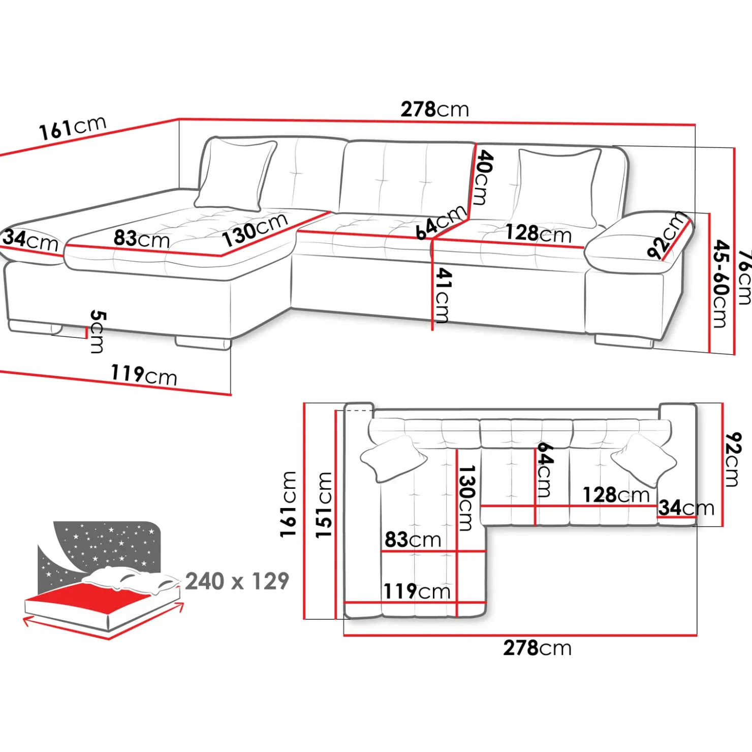 Garnero Arredamenti Divano letto con angolo a destra 4 posti 278x161cm contenitore grigio Zenia New