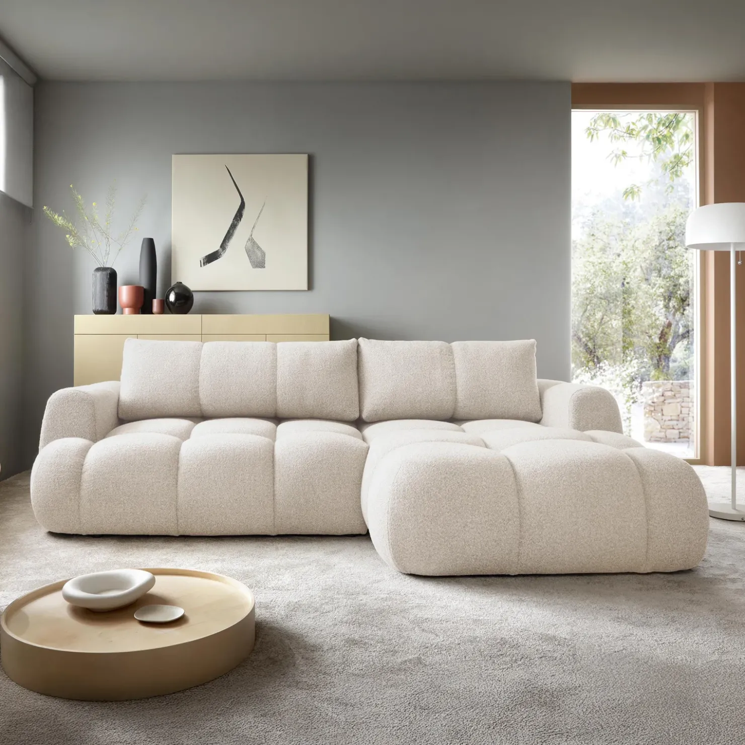 Garnero Arredamenti Divano letto con angolo a destra 4 posti 270x173cm con contenitore Litos Tessuto Bouclé Bianco Crema New