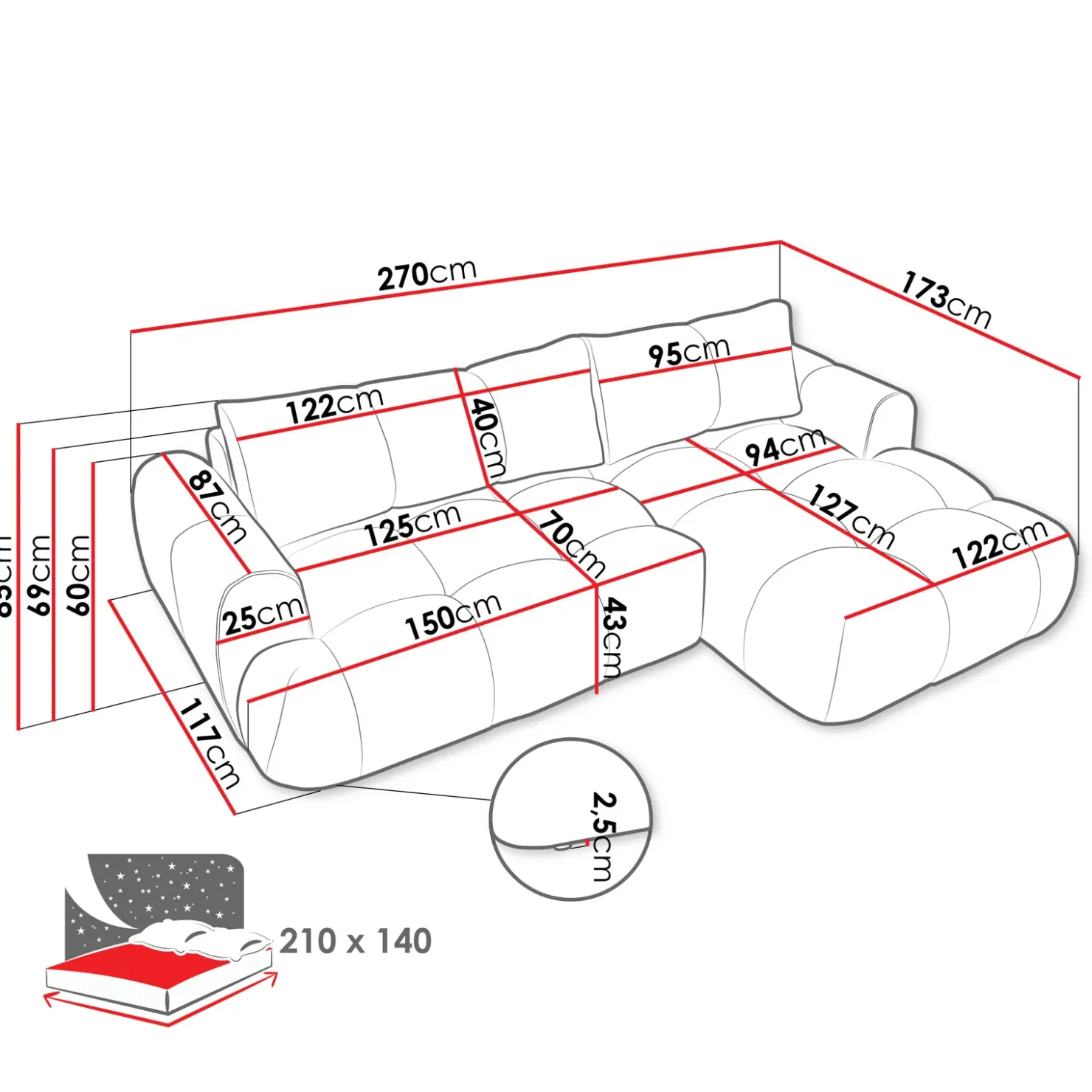 Garnero Arredamenti Divano letto con angolo a sinistra 4 posti 270x173cm con contenitore Litos Tessuto Bouclé Grigio Tortora Best