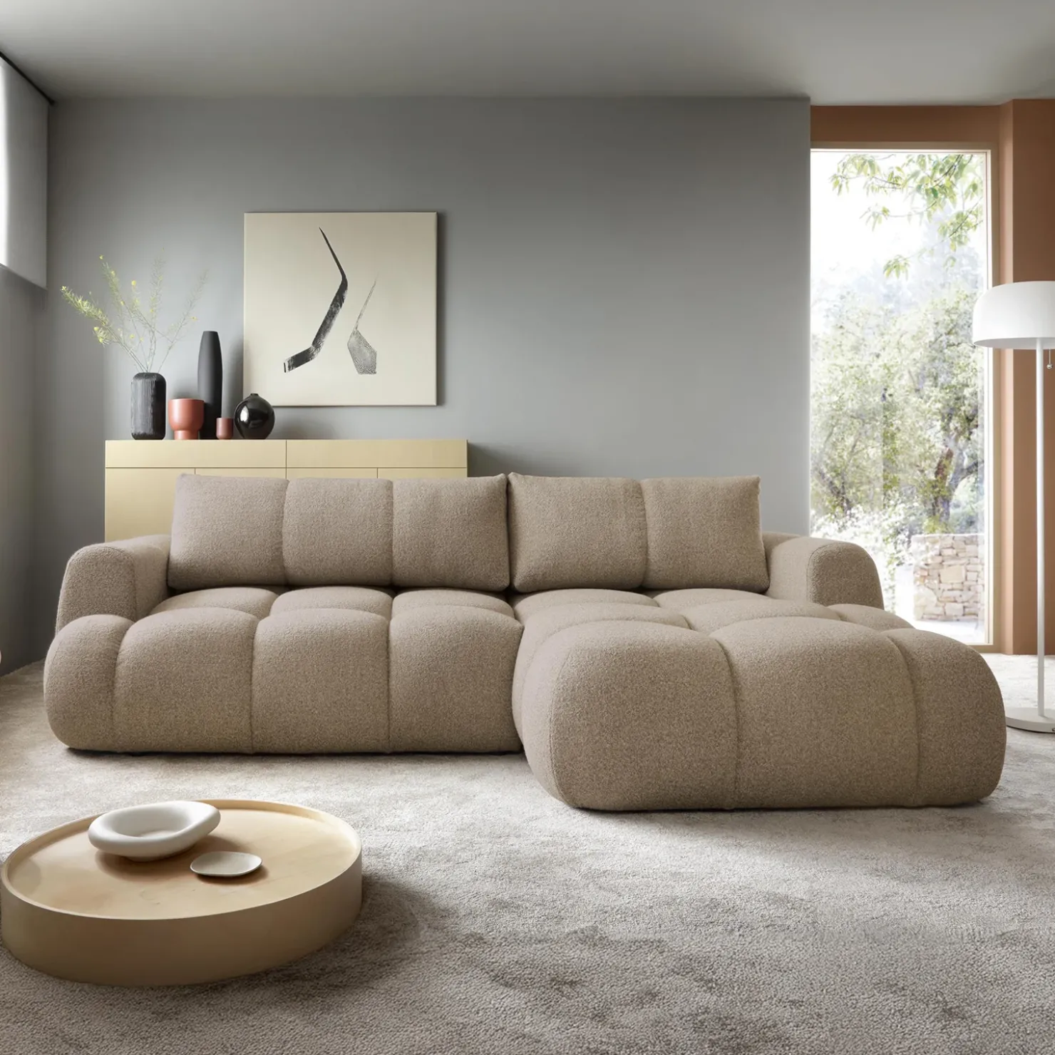 Garnero Arredamenti Divano letto con angolo a destra 4 posti 270x173cm con contenitore tessuto bouclé marrone chiaro Litos Tessuto Bouclè Marrone Chiaro Clearance