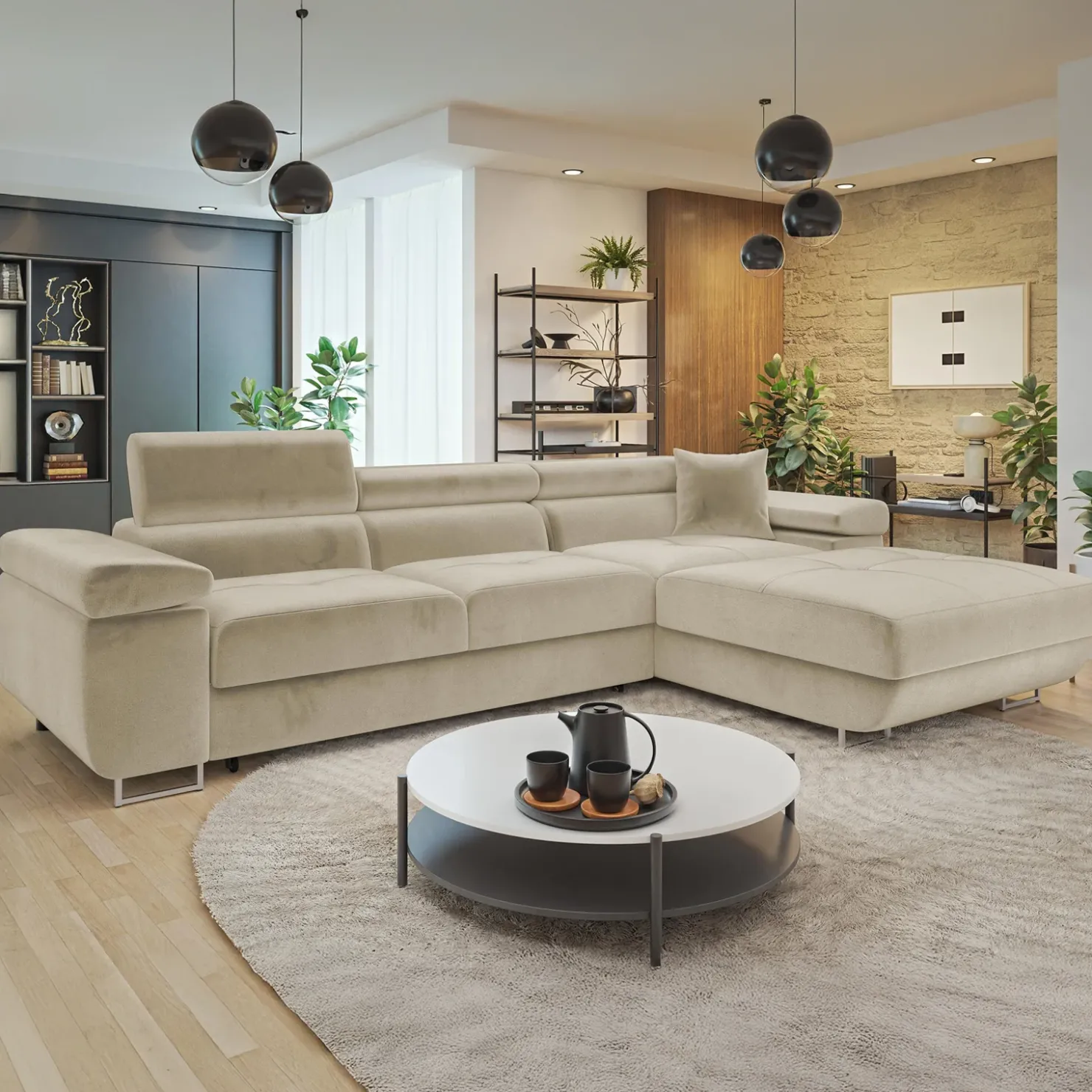 Garnero Arredamenti Divano letto con angolo a destra 4 posti 280x170cm box contenitore vellutato beige Elvio Tessuto Vellutato Manila Beige