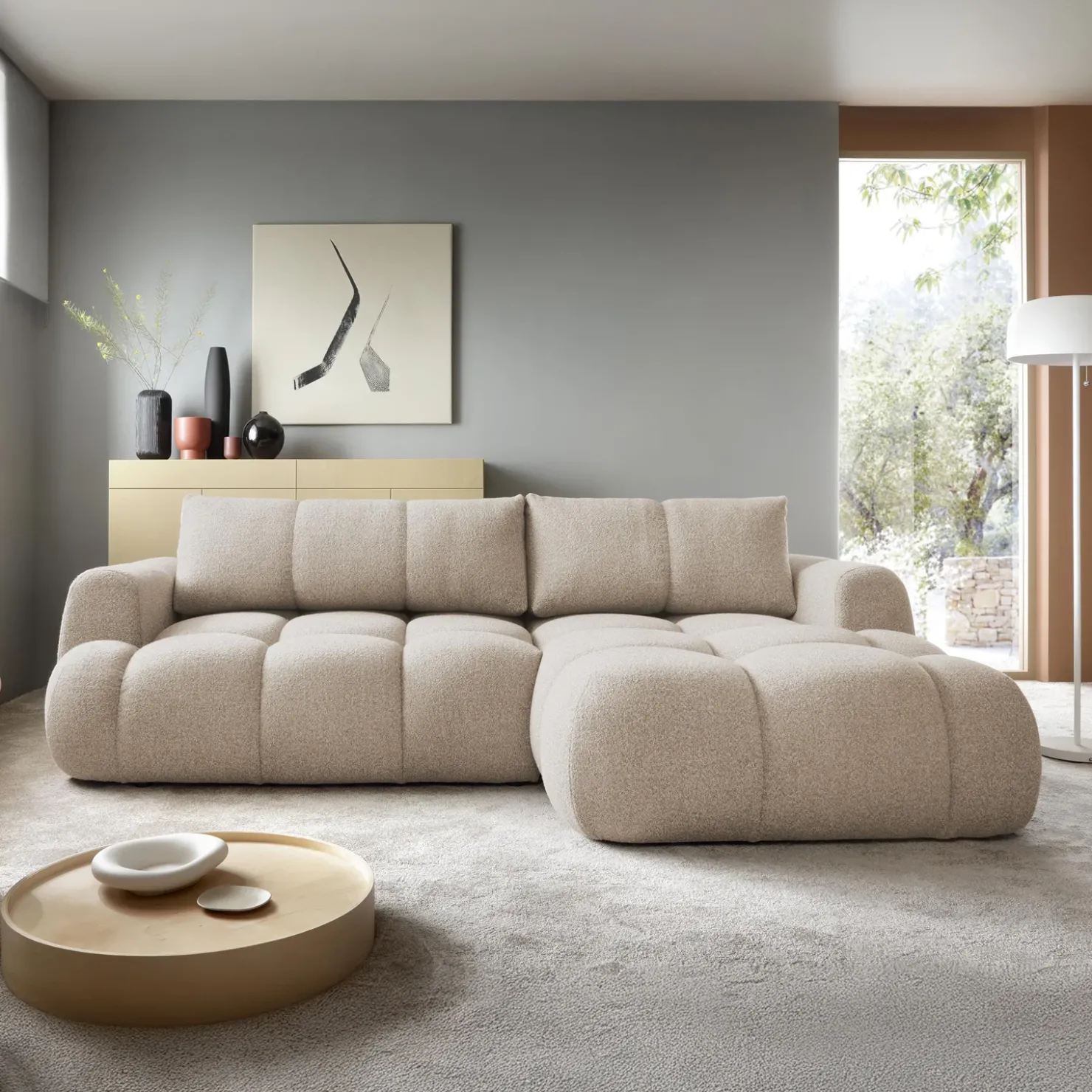 Garnero Arredamenti Divano letto con angolo a destra 4 posti 270x173cm con contenitore Litos Tessuto Bouclé Beige Hot