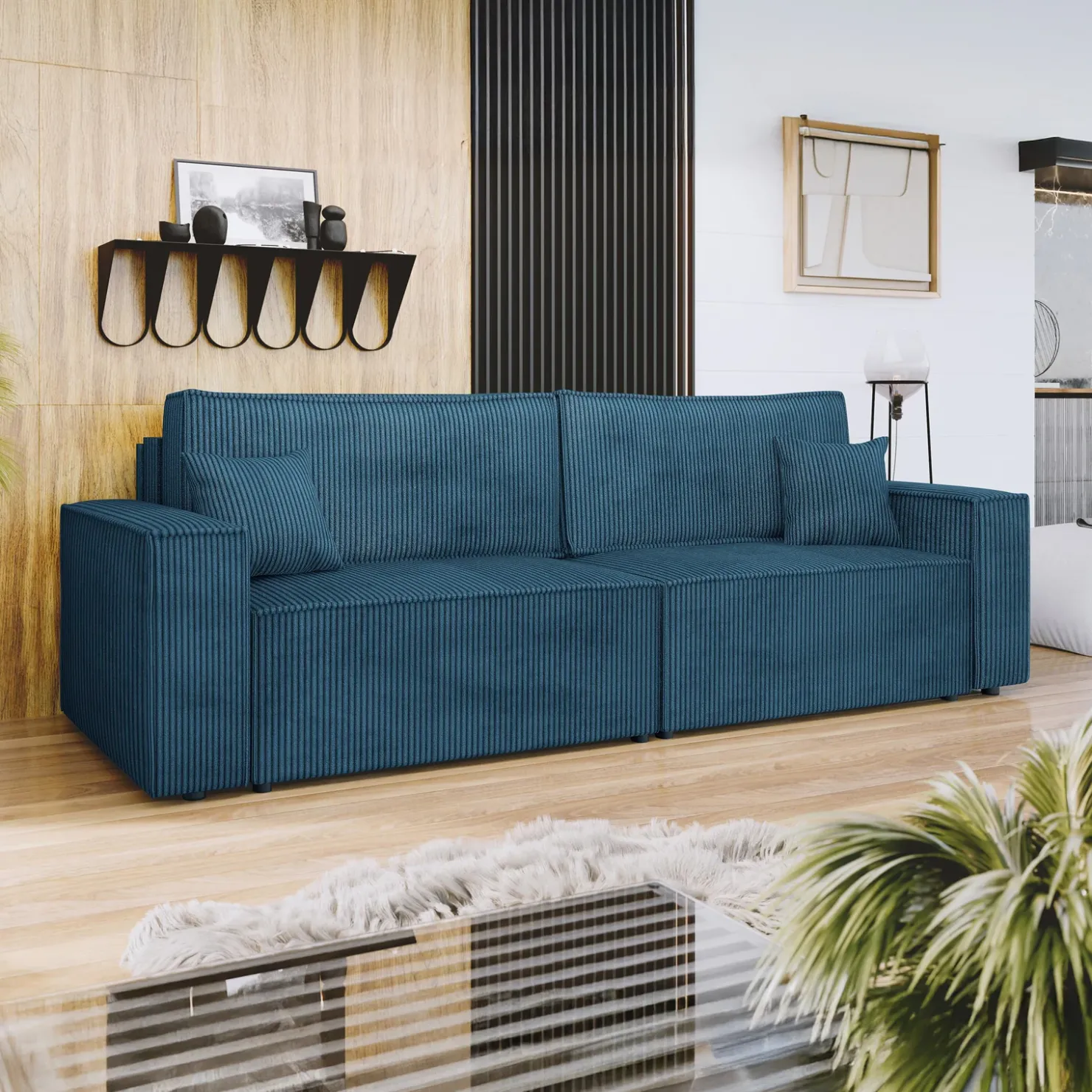 Garnero Arredamenti Divano letto matrimoniale 3 posti 245x90cm velluto a coste blu Ploffy Velluto Poso Blu Clearance