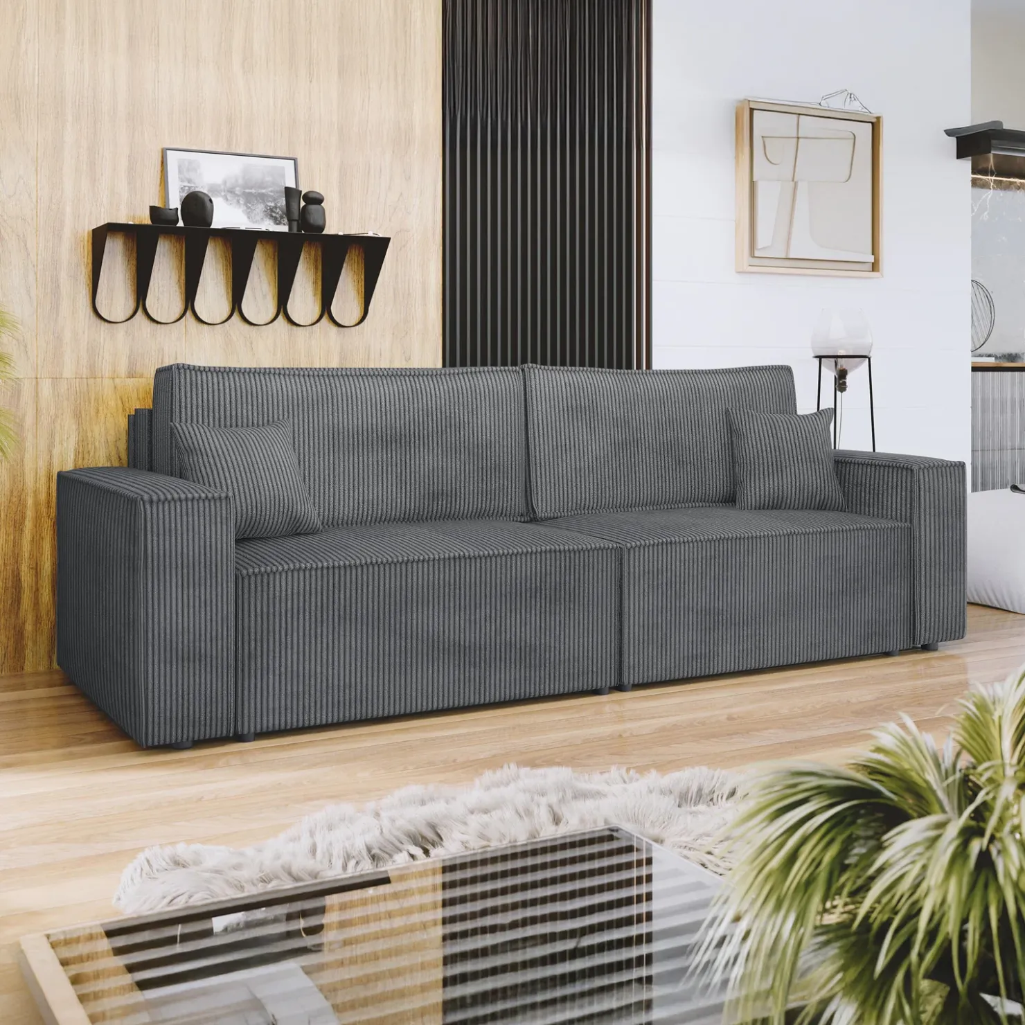 Garnero Arredamenti Divano letto matrimoniale 3 posti 245x90cm velluto a coste grigio antracite Ploffy Velluto Poso Antracite Sale