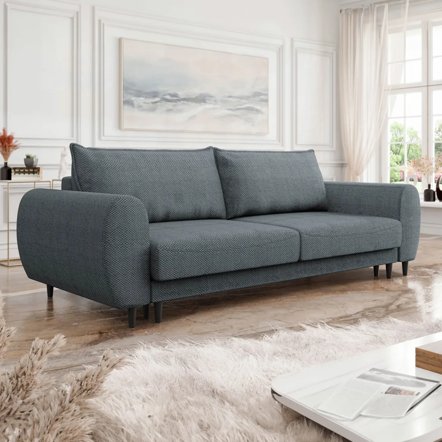 Garnero Arredamenti Divano letto matrimoniale 3 posti 251x95cm tessuto grigio scuro Pluffy Tessuto Peluche Onega Grigio Scuro New