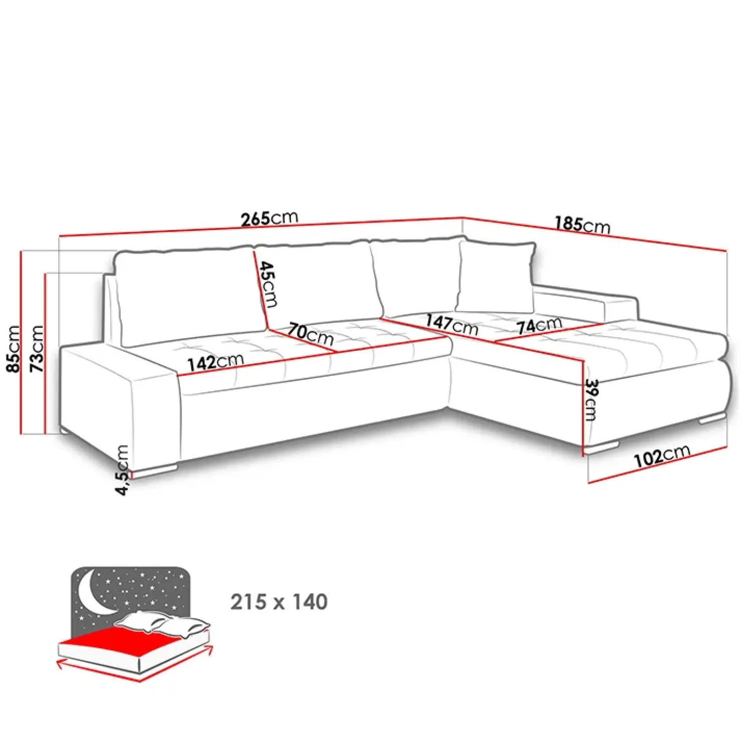 Garnero Arredamenti Divano letto matrimoniale 3 posti 265cm grigio chiaro e scuro Bette Sale