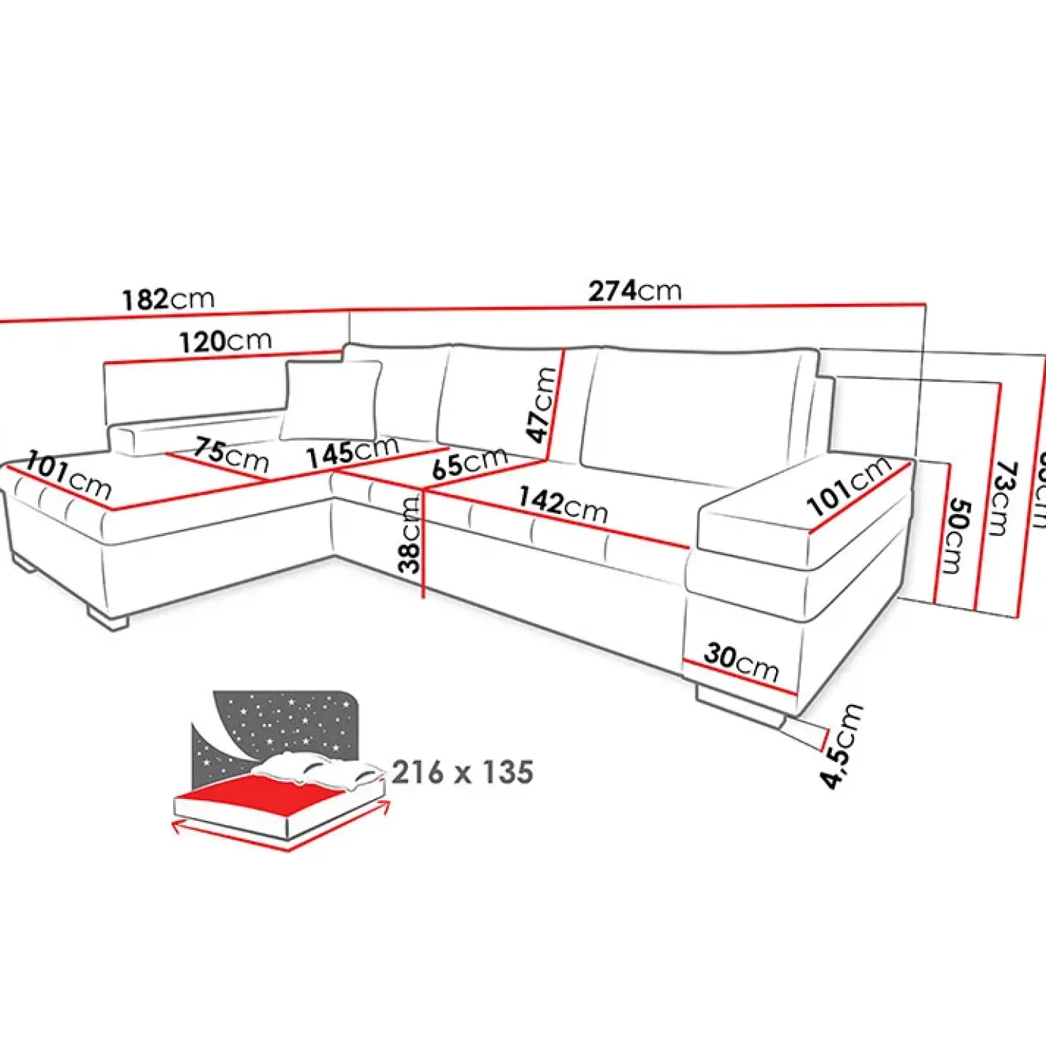 Garnero Arredamenti Divano letto matrimoniale angolare 3 posti 274cm grigio nero Apollina