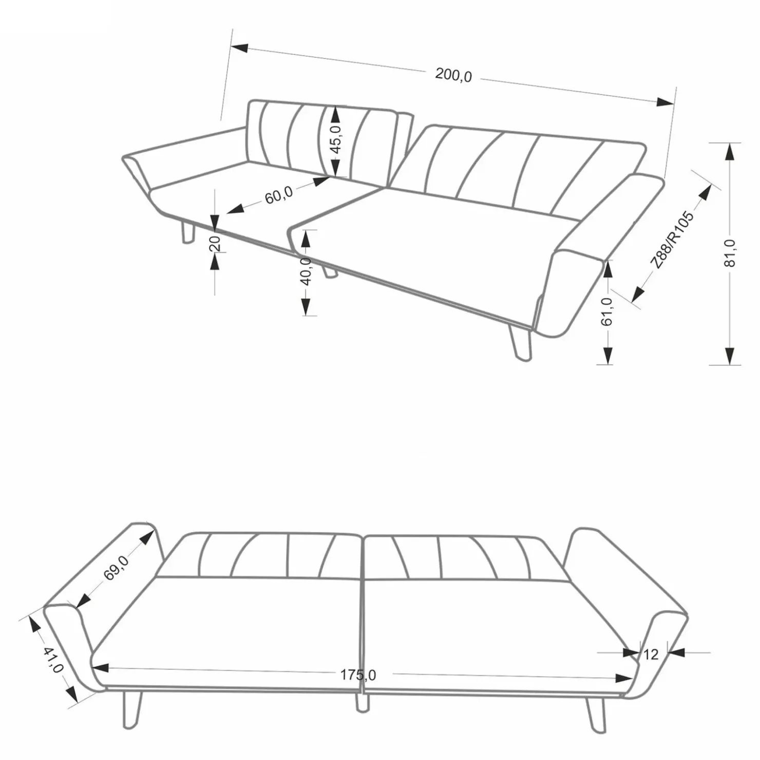 Garnero Arredamenti Divano letto reclinabile 3 posti 200x55cm grigio nero Aron Hot