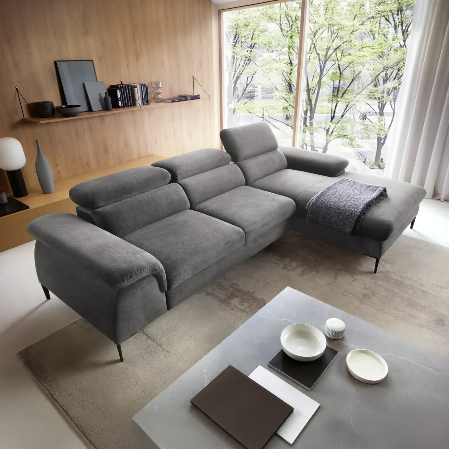 Garnero Arredamenti Divano letto regolabile angolare destra 4 posti 288x182cm tessuto grigio chiaro Loungey Tessuto Vellutato Vogue Grigio Chiaro Online