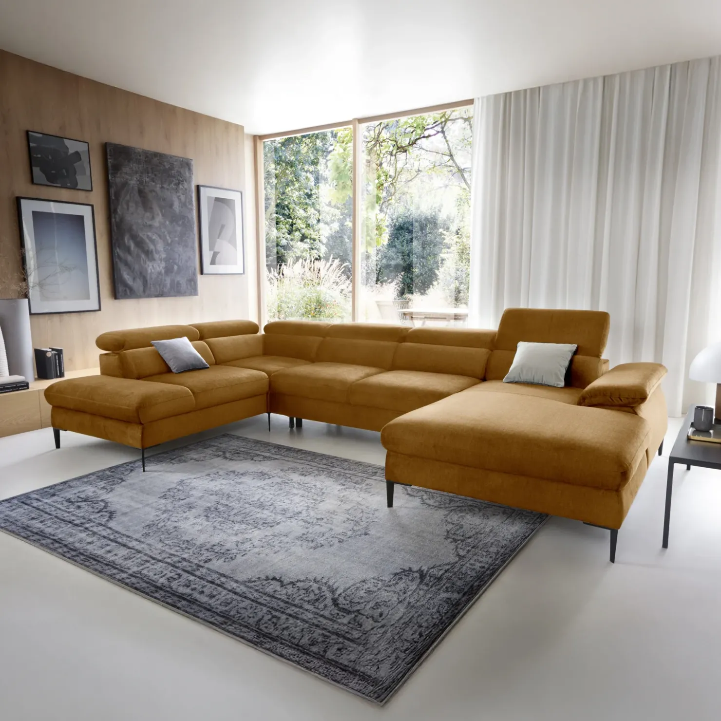 Garnero Arredamenti Divano letto regolabile angolare sinistro 5 posti 353x214cm tessuto giallo senape Calmora Tessuto Vellutato Vogue Giallo Senape Outlet