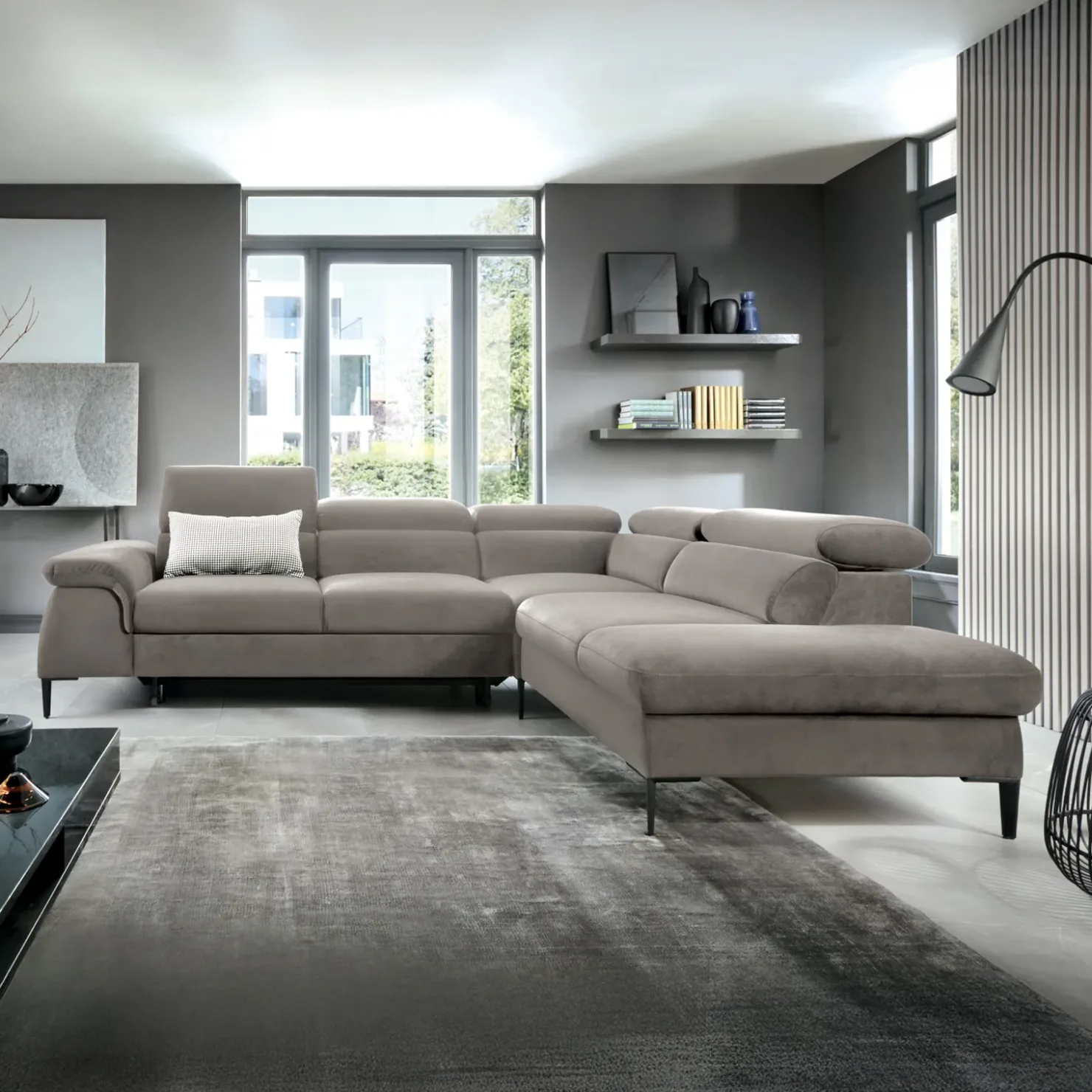 Garnero Arredamenti Divano letto regolabile angolare destra 5 posti 280x214cm tessuto tortora Snuggity Tessuto Vellutato Vogue Tortora Online