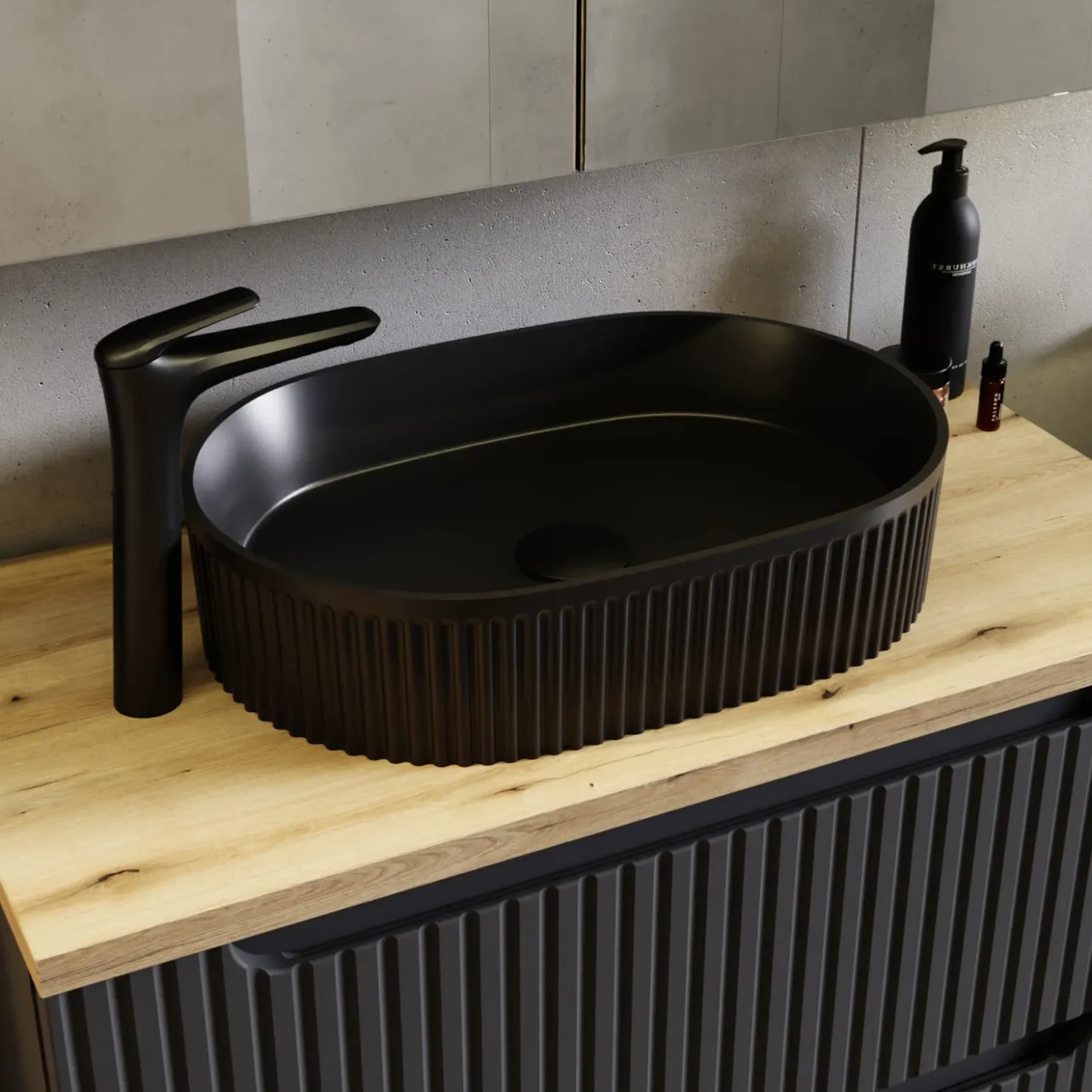 Garnero Arredamenti Lavabo bagno da appoggio 48x33cm ceramica cannettato Griffy Nero Clearance