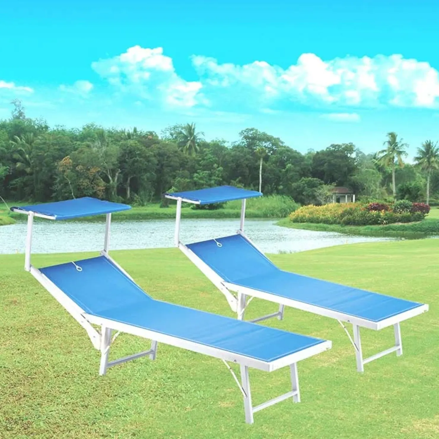 Garnero Arredamenti Lettino da giardino 59x186cm in textilene blu Malaga Azzurro Discount