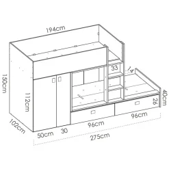 Garnero Arredamenti Letto a castello con armadio 275x106cm bianco rovere Clark Hot