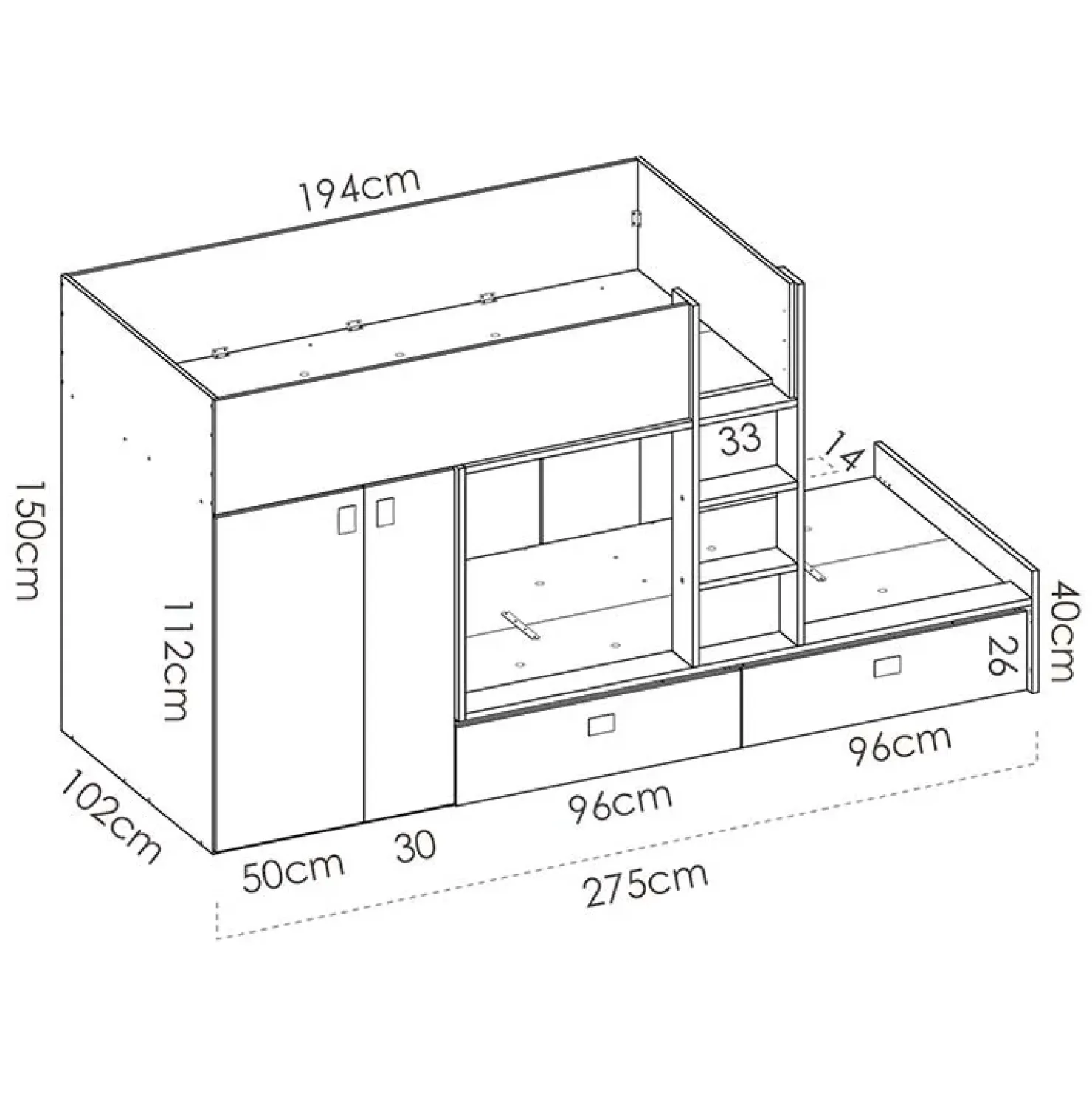Garnero Arredamenti Letto a castello con armadio 275x106cm bianco rovere Clark Hot