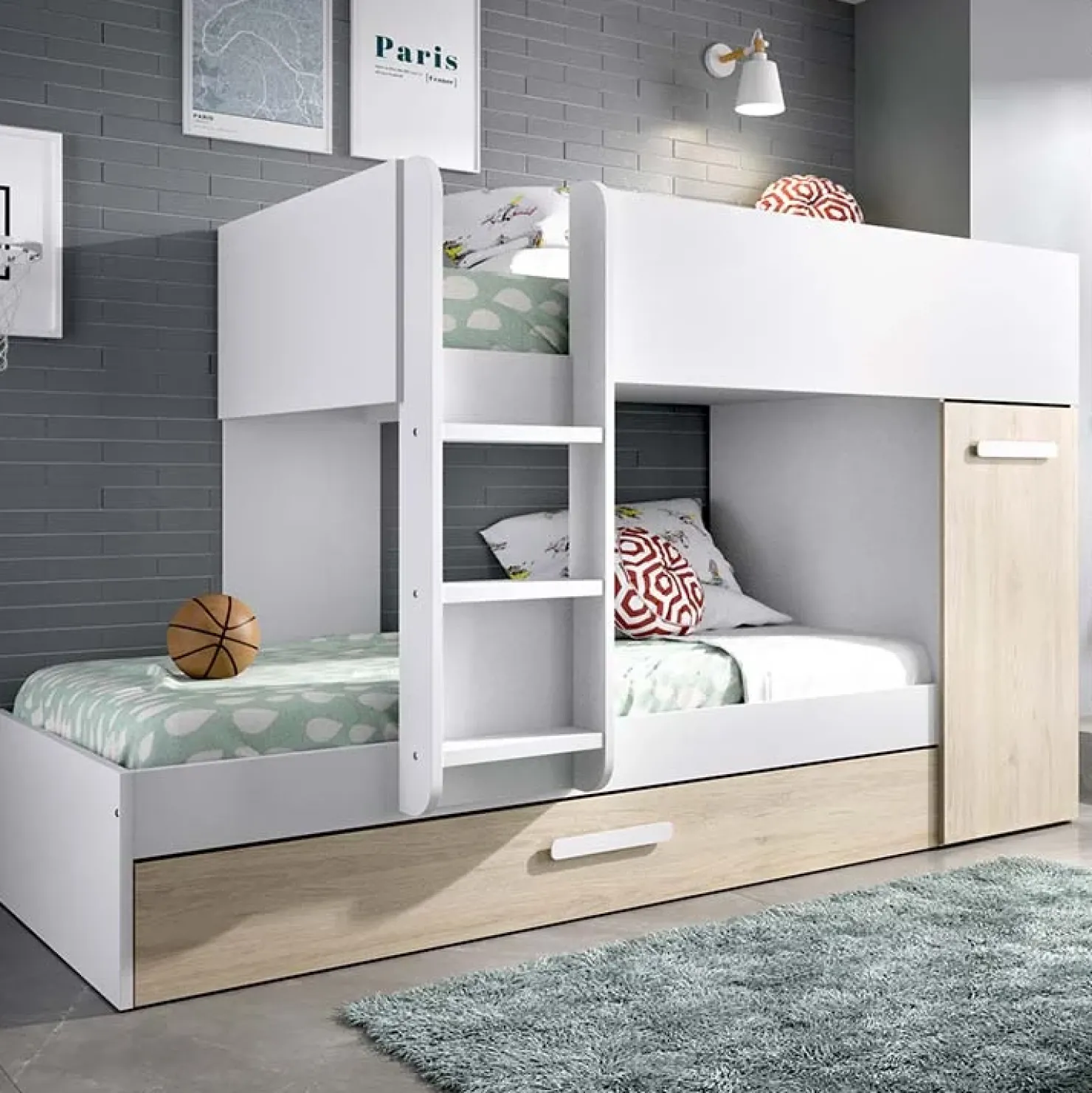 Garnero Arredamenti Letto a castello con armadio 244x126cm bianco rovere 3 letti Damian Bianco Opaco - Rovere