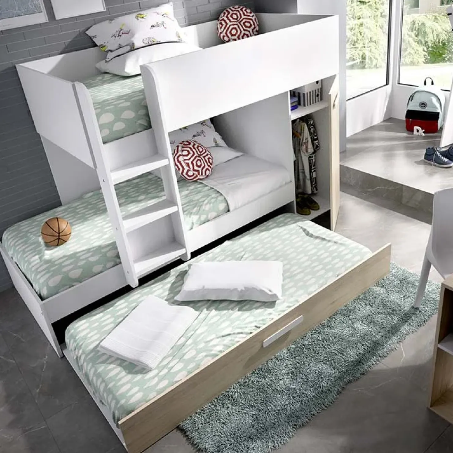 Garnero Arredamenti Letto a castello con armadio 244x126cm bianco rovere 3 letti Damian Bianco Opaco - Rovere