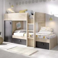 Garnero Arredamenti Letto a castello per bambini con armadio 255x112cm rovere grafite Sole Rovere - Grafite New
