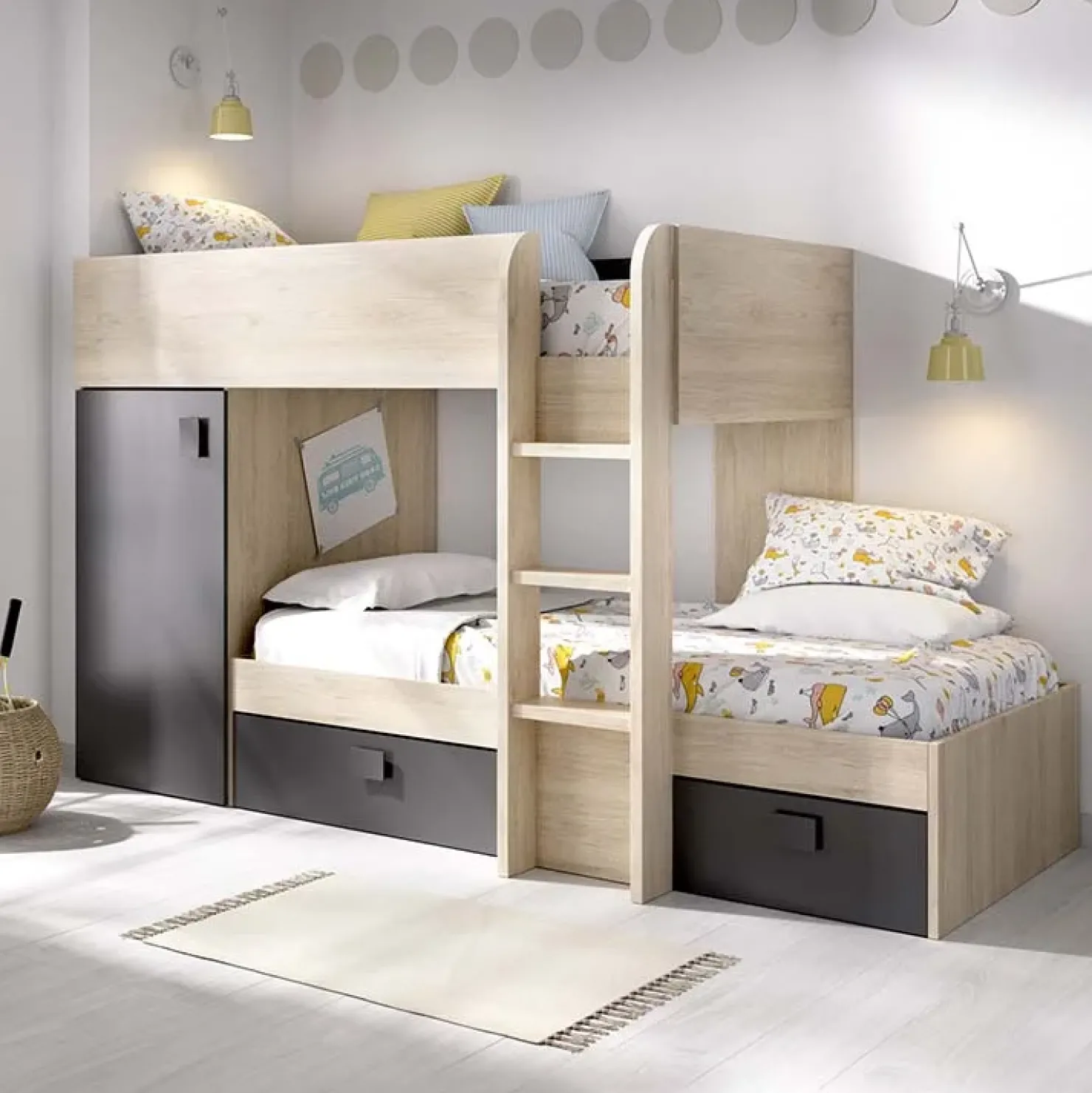 Garnero Arredamenti Letto a castello per bambini con armadio 255x112cm rovere grafite Sole Rovere - Grafite New