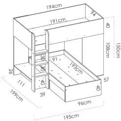 Garnero Arredamenti Letto a castello per bambini con armadio 255x112cm rovere grafite Sole Rovere - Grafite New