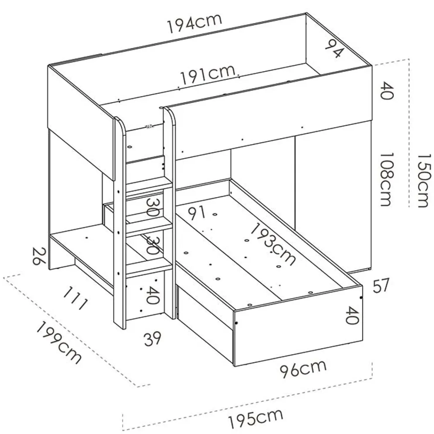 Garnero Arredamenti Letto a castello per bambini con armadio 255x112cm rovere grafite Sole Rovere - Grafite New