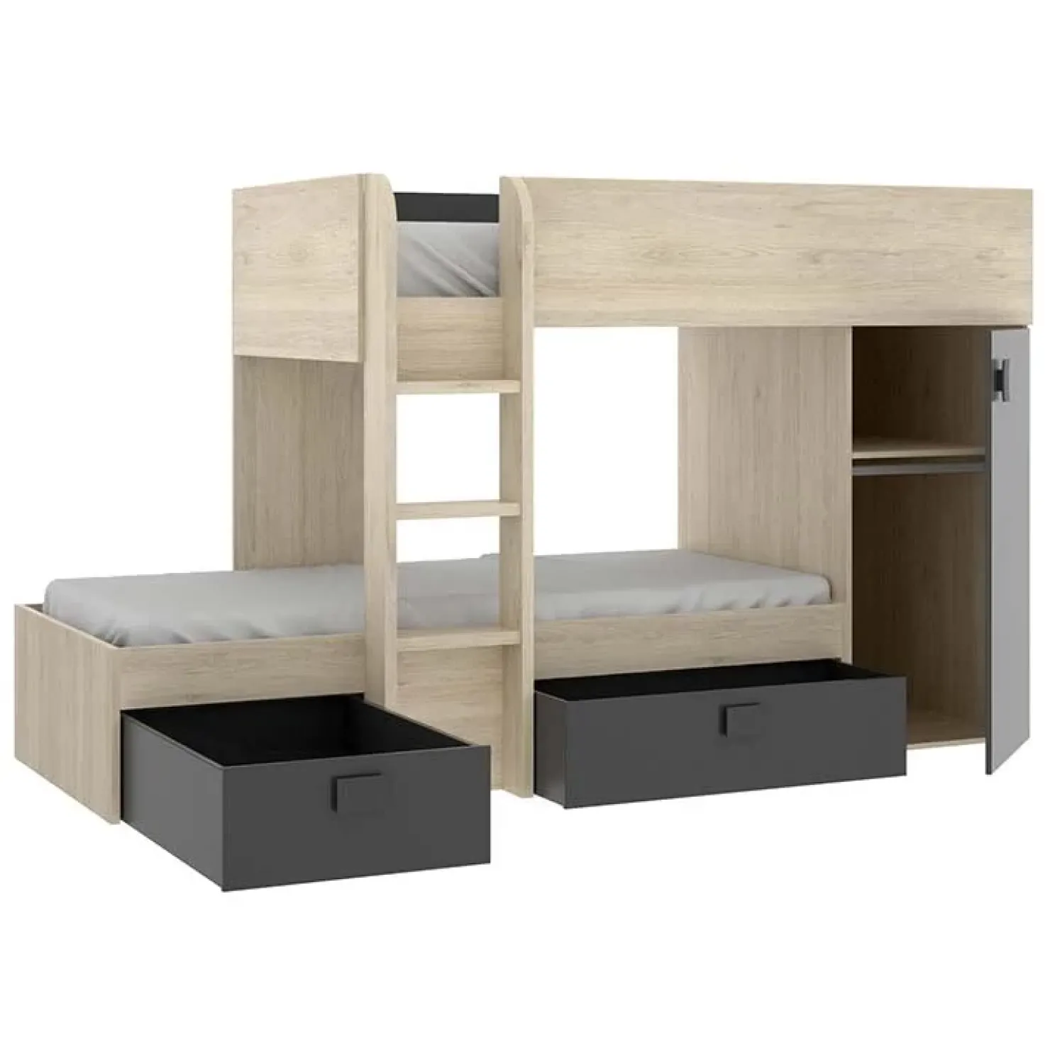 Garnero Arredamenti Letto a castello per bambini con armadio 255x112cm rovere grafite Sole Rovere - Grafite New