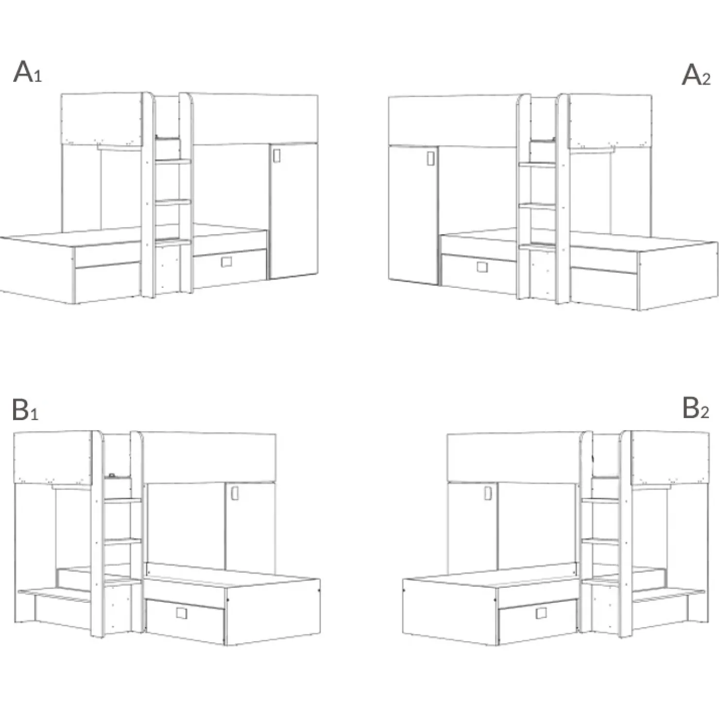 Garnero Arredamenti Letto a castello per bambini con armadio 255x112cm rovere bianco Sole Bianco Opaco - Rovere Best