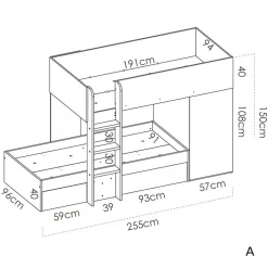 Garnero Arredamenti Letto a castello per bambini con armadio 255x112cm rovere bianco Sole Bianco Opaco - Rovere Best