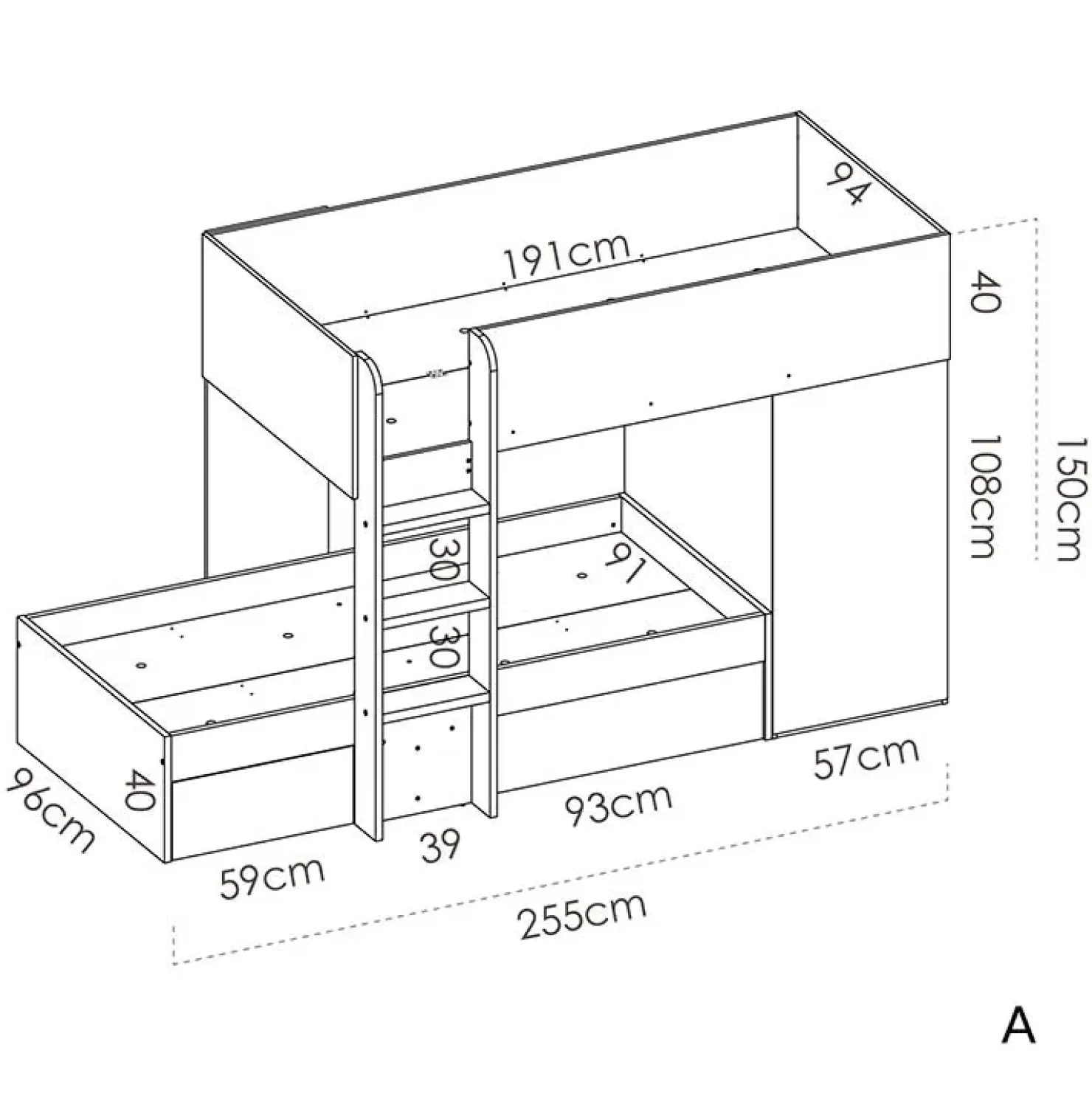 Garnero Arredamenti Letto a castello per bambini con armadio 255x112cm rovere bianco Sole Bianco Opaco - Rovere Best