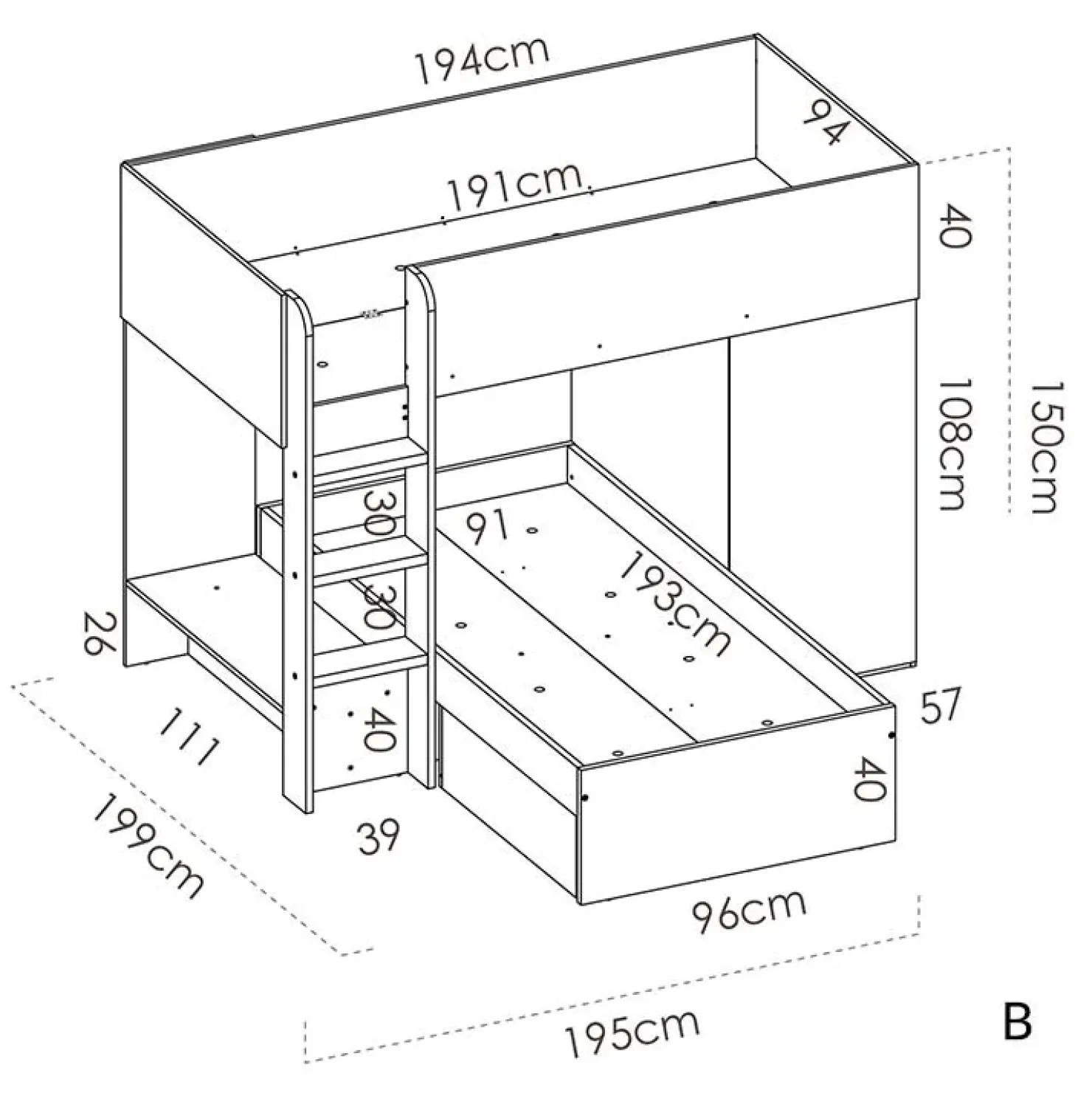 Garnero Arredamenti Letto a castello per bambini con armadio 255x112cm rovere bianco Sole Bianco Opaco - Rovere Best