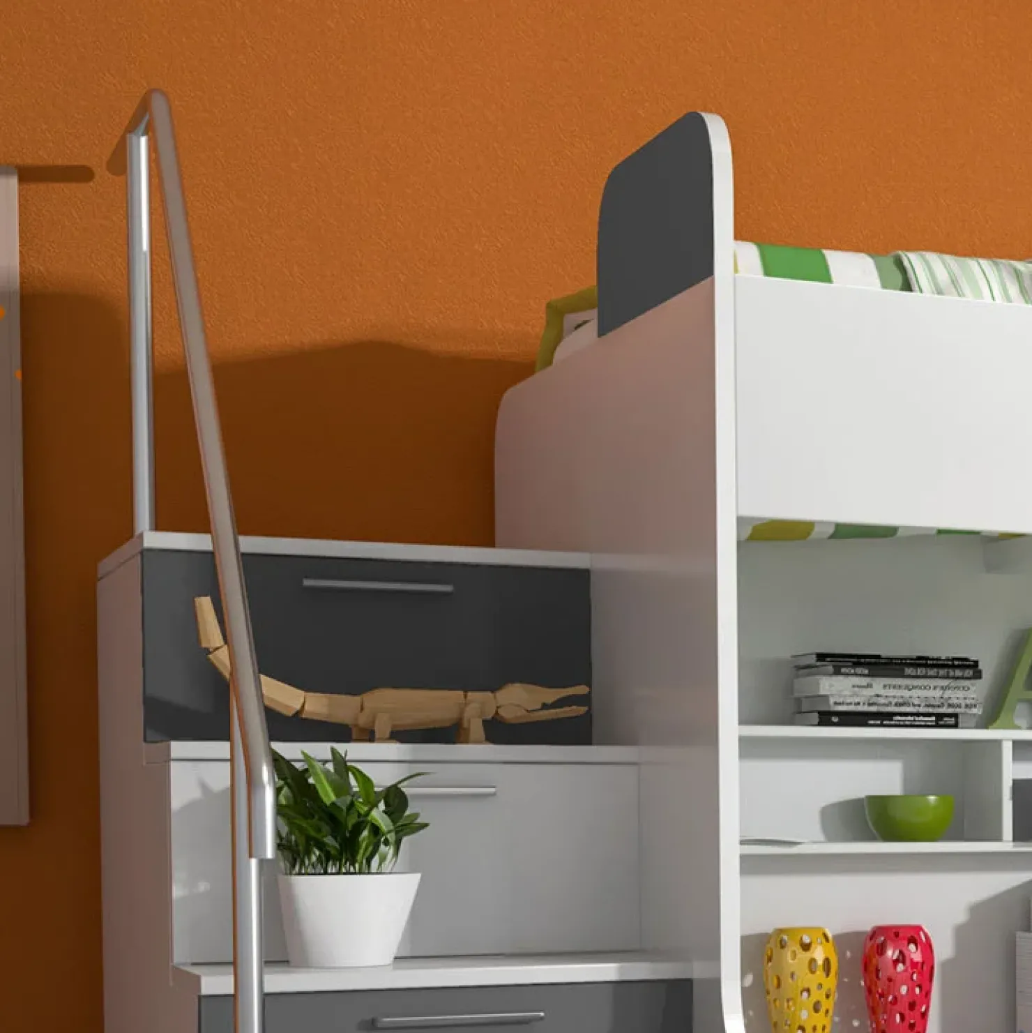 Garnero Arredamenti Letto a castello per bambini 254x120cm bianco grigio Enrico Gihome® Bianco Lucido - Grigio Outlet