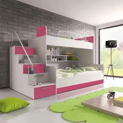 Garnero Arredamenti Letto a castello per bambini 254x120cm bianco rosa Enrico Gihome® Bianco Lucido - Rosa Clearance