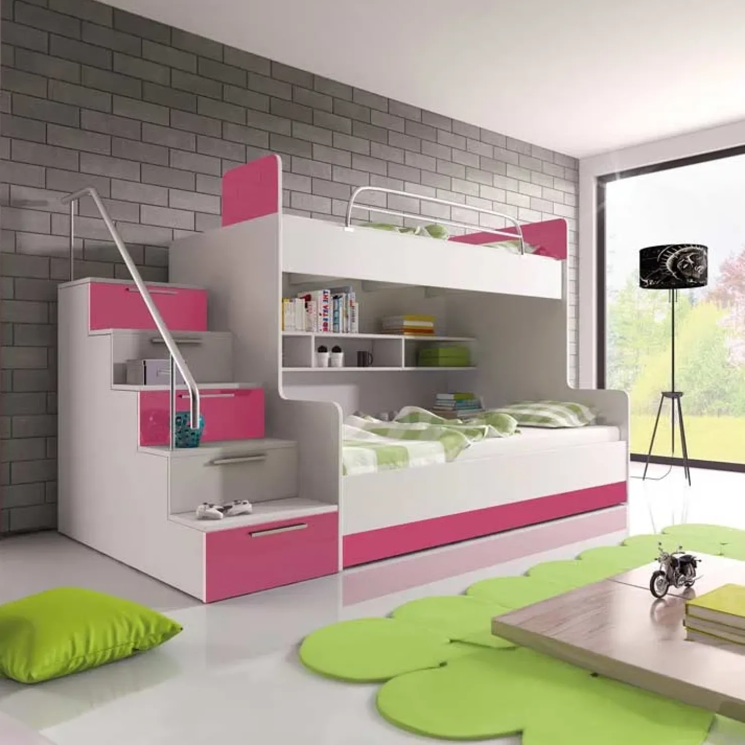 Garnero Arredamenti Letto a castello per bambini 254x120cm bianco rosa Enrico Gihome® Bianco Lucido - Rosa Clearance