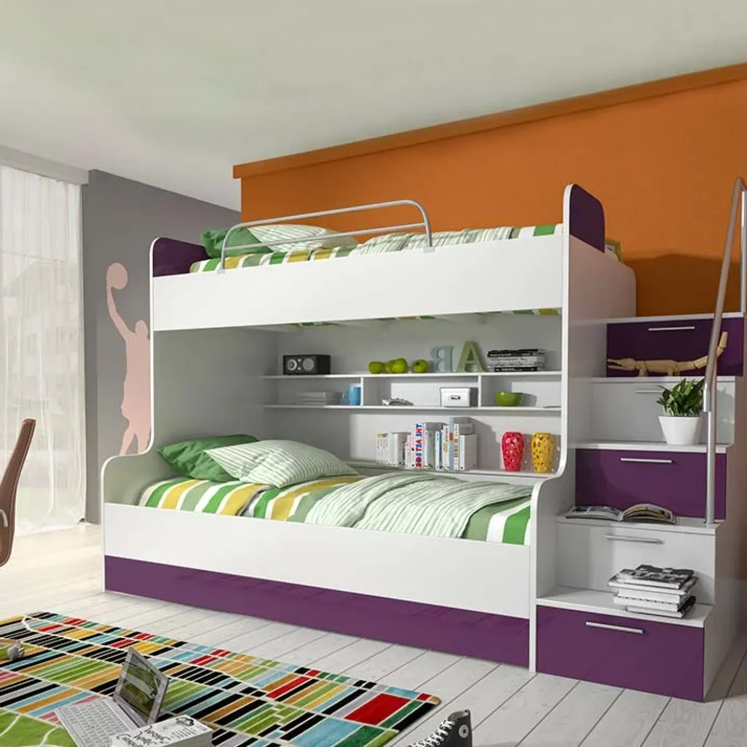 Garnero Arredamenti Letto a castello per bambini 254x120cm bianco viola Enrico Gihome® Bianco Lucido - Viola Sale