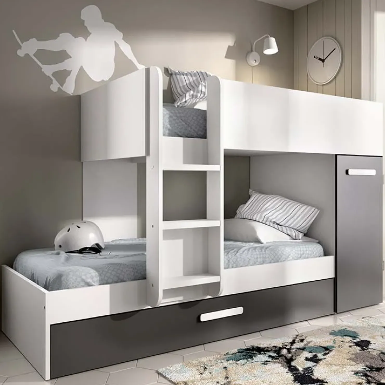 Garnero Arredamenti Letto a castello 90x190 con armadio 244x126cm bianco grafite 3 letti Damian Bianco Opaco - Grafite Best