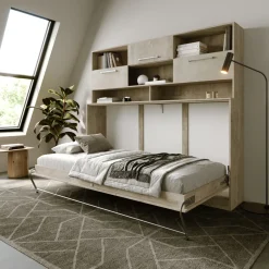 Garnero Arredamenti Letto a scomparsa orizzontale 90x200cm singolo con libreria rovere chiaro beige sabbia Alvin Gihome® Rovere - Beige Clearance
